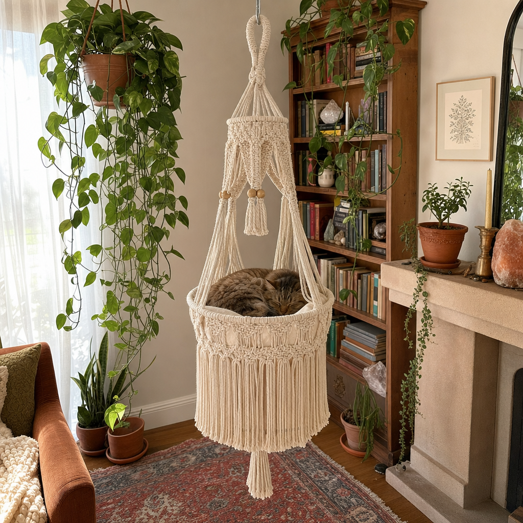 Handwoven Macrame Hanging Cat Bed - Image 5